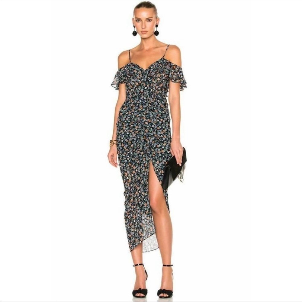Veronica Beard Marilyn Cold Shoulder Ruffle Midi Dress in Black Floral size 0